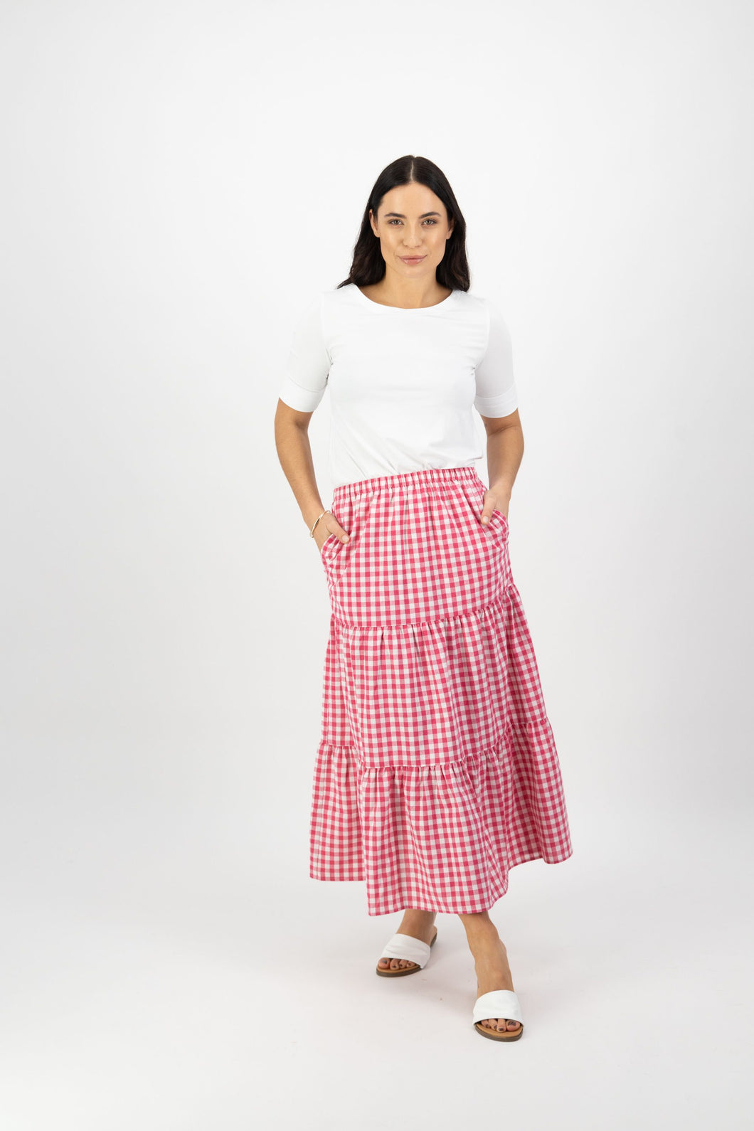Vassalli - Long Tiered Skirt - Cerise Check