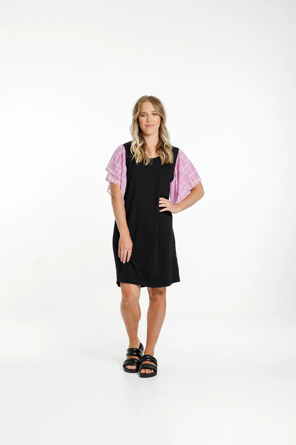 Homelee Lola Dress - Black with Pink Bloom Print Sleeves