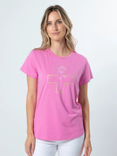 Load image into Gallery viewer, Stella + Gemma T-Shirt - Bubblegum with White Rose Gold Cross
