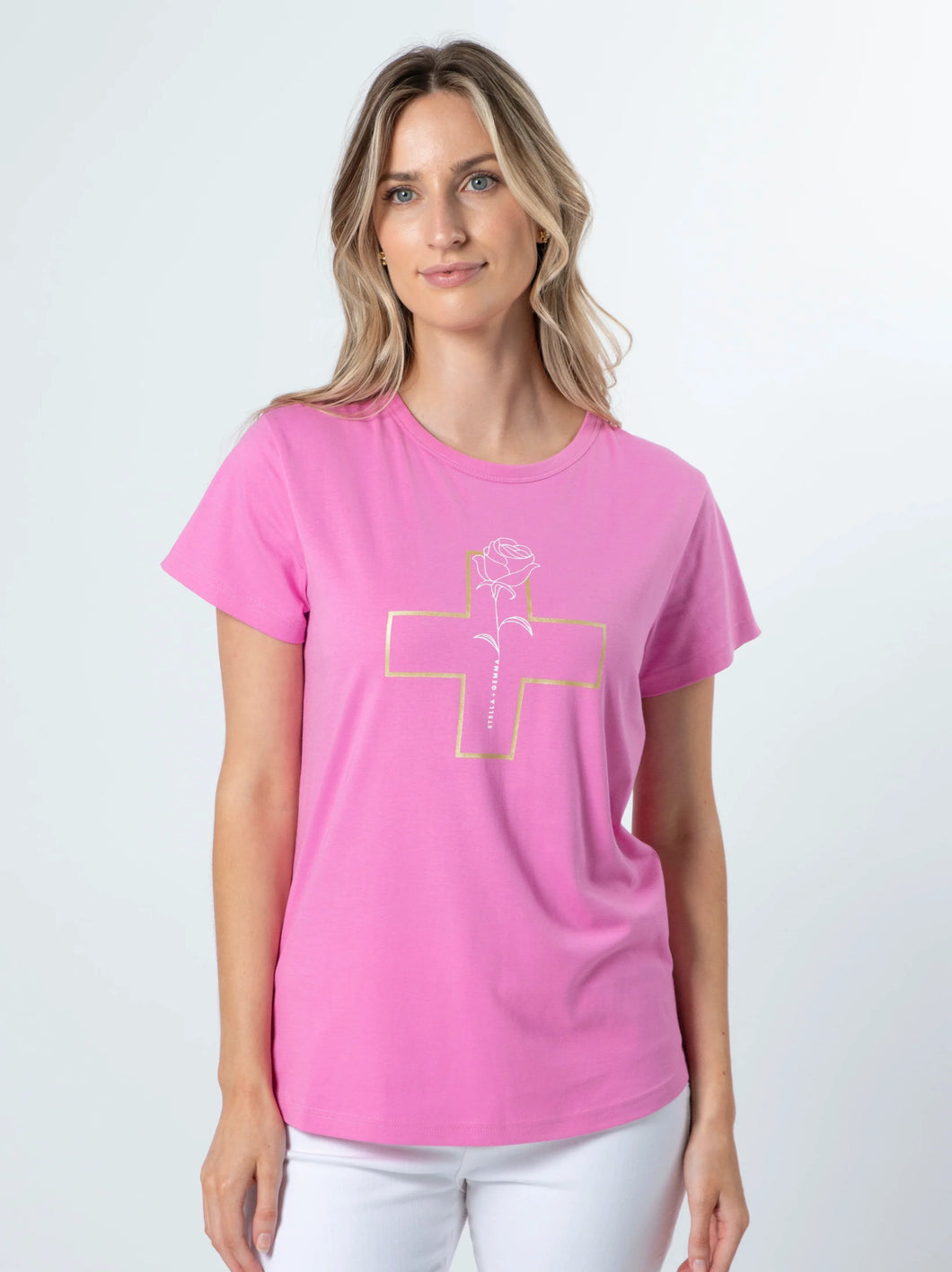 Stella + Gemma T-Shirt - Bubblegum with White Rose Gold Cross