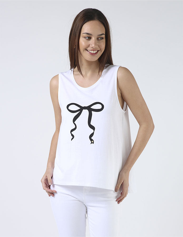 Stella + Gemma Tank - White with Black Bow