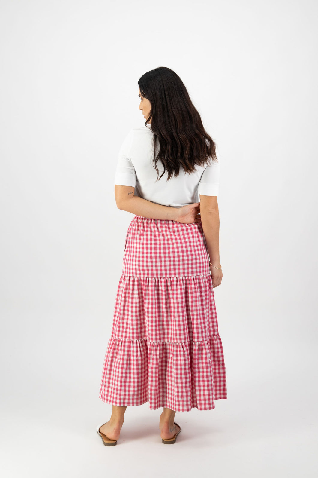 Vassalli - Long Tiered Skirt - Cerise Check