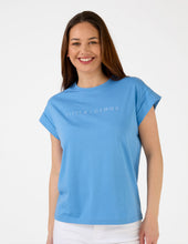 Load image into Gallery viewer, Stella + Gemma Cuff Tee - Sky Embroidered Logo

