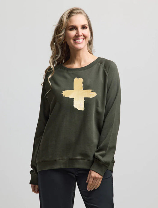 Stella + Gemma Sweater - Army with Gold Foil Cross